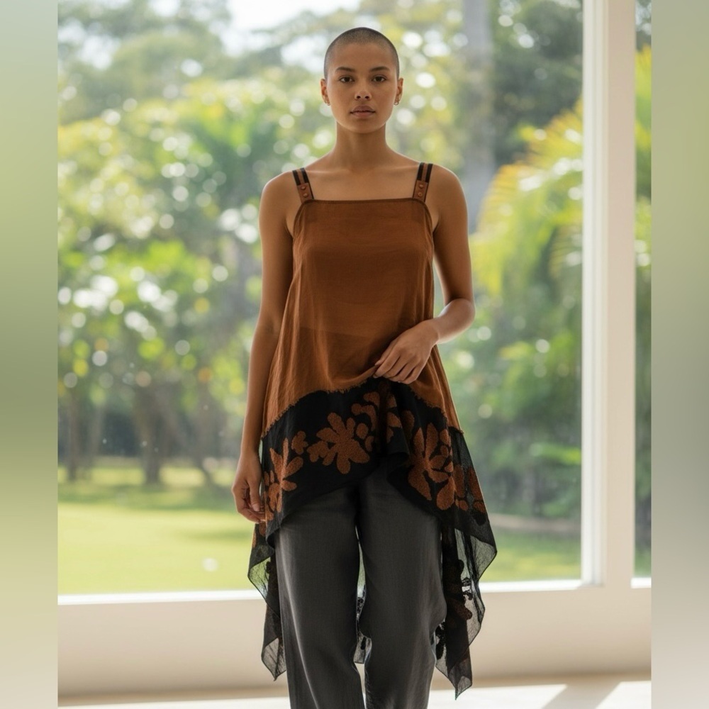 BIASA Brown Floral-Trim Asymmetric Mini Dress - Brand Unbranded